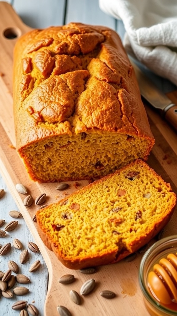A loaf of low-calorie pumpkin bread sliced on a wooden board, with pumpkin seeds and honey.